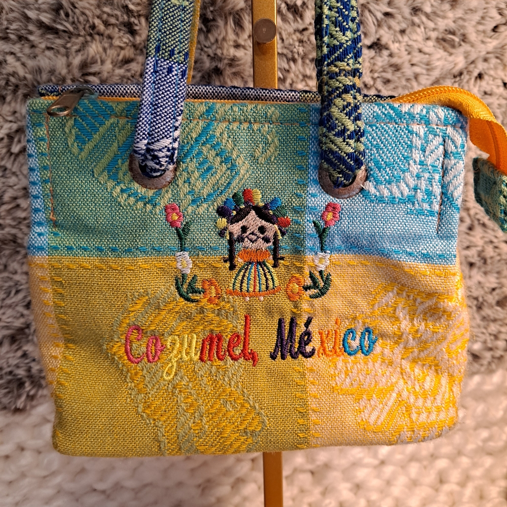 MEXICANA Cozumel Mexico Blue and Yellow Embroidered Tote Artisan Made